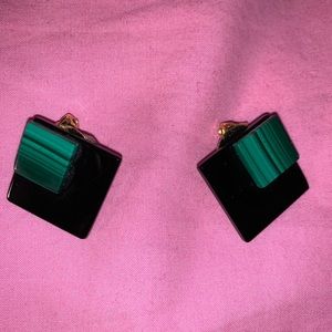 clip on black and green square earrings
